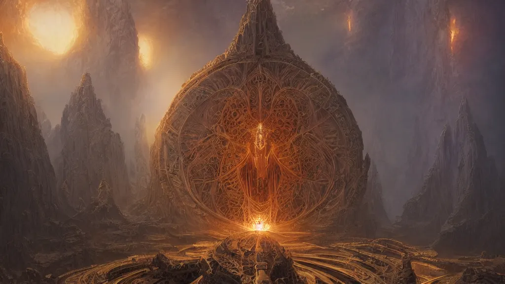 Prompt: fractal burning halo, sacred geometry, intricate artwork by Tyler Edlin and Moebius and Giger, greg rutkowski, very coherent symmetrical artwork, cinematic, hyper realism, high detail, octane render, unreal engine, 8k, Smooth gradients, High contrast, depth of field by Jacek Yerka, Mariusz Lewandowski