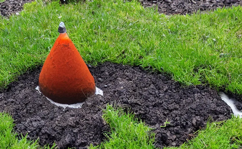 Image similar to miniature cone volcano erupting with streams of lava in a suburban yard, ground level