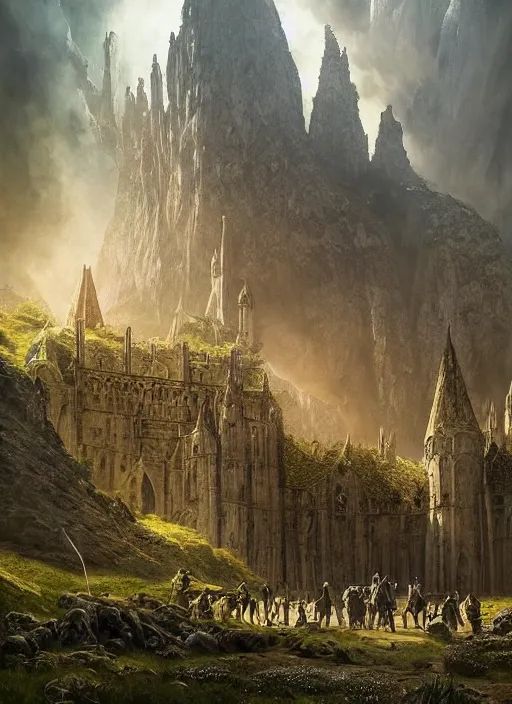 Image similar to six medieval adventurers in the shire scenery landscape, lord of the rings, inside an enormous alien cathedral, highly detailed, perfect lighting, perfect composition, 4 k, artgerm, derek zabrocki, greg rutkowski