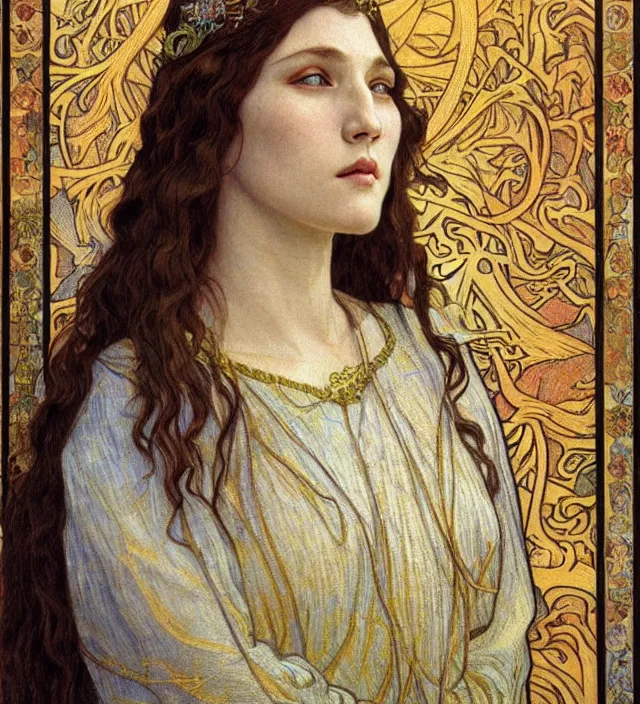 Image similar to detailed realistic beautiful young medieval queen face portrait by jean delville, alphonse mucha, vincent van gogh, and marco mazzoni, art nouveau, symbolist, visionary, gothic, pre - raphaelite