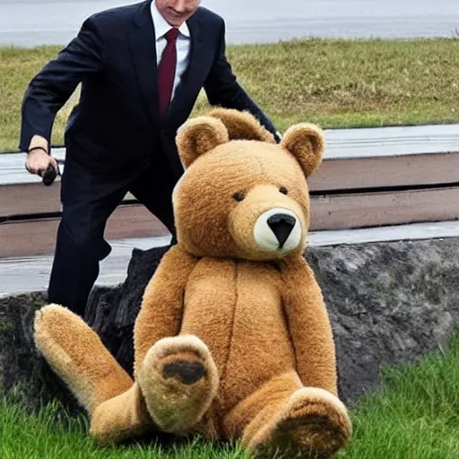 Prompt: vladimir putin riding a bear and holding a ak - 4 7