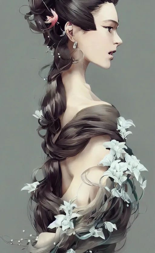 Prompt: beautiful long hairstyle with a lily and a few pearls, pinterest hair picture, back of the hair, hair is the focus, In style of Yoji Shinkawa, krenz cushart, Greg Rutkowski, highly detailed