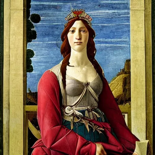 Image similar to portrait of tyrannosaurus as italian queen, painting by botticelli