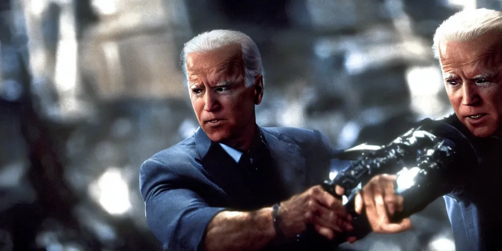 Image similar to joe biden in the terminator executing donald trump, cinematic, establishing shot, extremly high detail, photorealistic, cinematic lighting, style by James Gurney