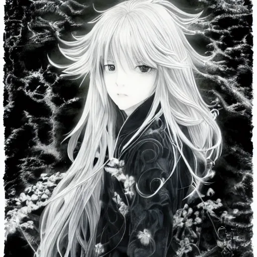 Image similar to a portrait of a character in a scenic environment by Yoshitaka Amano, black and white, dreamy, dark eyes, wavy silver hair, highly detailed