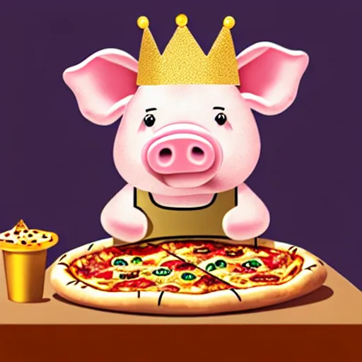 Image similar to realistic photo of a cute plush pig wearing a gold crown eating a pizza at a table with a bib on, high quality, cinematic concept art