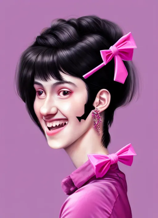 Image similar to portrait of high school girl, realistic, black hair, bangs, half updo hairstyle, pointy nose, skinny, smile, ugly, defined jawline, big chin, pink hair bow, earrings, intricate, elegant, glowing lights, highly detailed, digital painting, artstation, sharp focus, illustration, art by wlop, mars ravelo and greg rutkowski