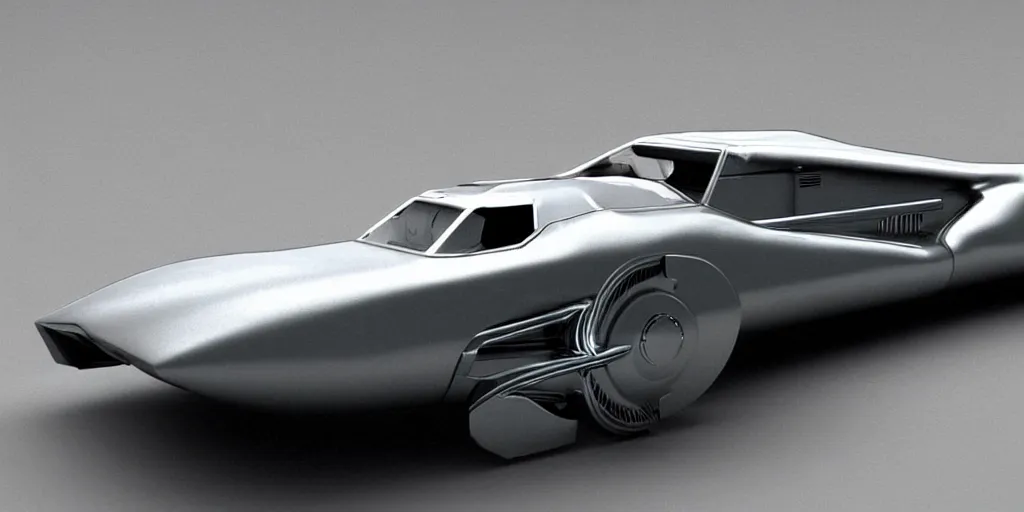 Image similar to a vintage sci fi futuristic car