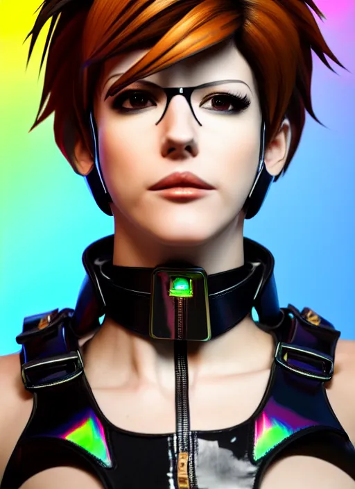 Image similar to hyperrealistic style portrait digital artwork of tracer overwatch, confident pose, wearing black iridescent rainbow latex, 4 k, expressive happy smug expression, makeup, in style of mark arian, wearing detailed black leather collar, wearing sleek armor, black leather harness, expressive detailed face and eyes,