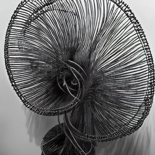 Prompt: a wire sculpture, award winning black and white photography