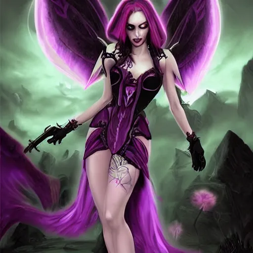Prompt: Beautiful pale succubus with Angelina Jolie face wearing a sexy dress with bat wings and devil's horns, bleeding violet eye, violet theme, in hearthstone art style, epic fantasy style art, fantasy epic digital art, epic fantasy card game art