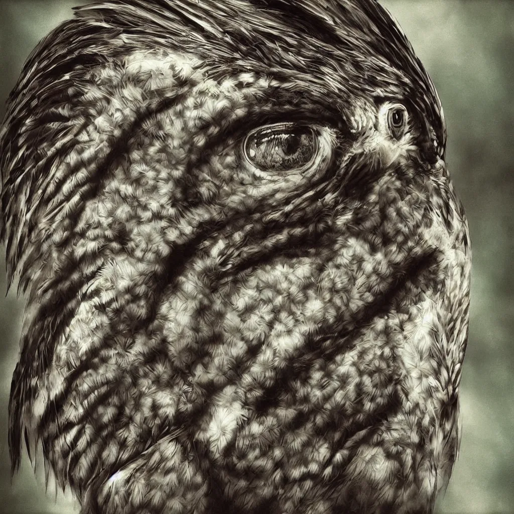 Prompt: “ hawk eye, a native indigenous person with they eye of a hawk bird, fantasy art, digital art but photo portrait ”