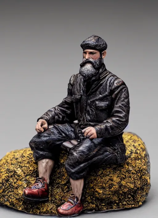 Image similar to 80mm resin detailed miniature of a bearded man, short hair, sitting on a football, pouting, Product Introduction Photos, 4K, Full body,