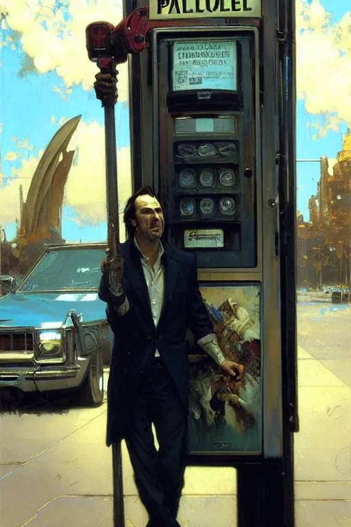 Image similar to saul goodman at a payphone, painting by'phil hale '!!! gaston bussiere, craig mullins, greg rutkowski, alphonse mucha, lady liberty