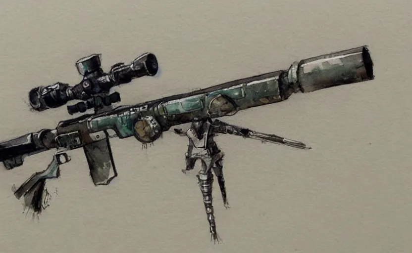 Image similar to concept art of a sniper rifle in futuristic, fantasy, steampunk, pinterest, artstation trending, behance, watercolor, by coby whitmore, silver, laser light,