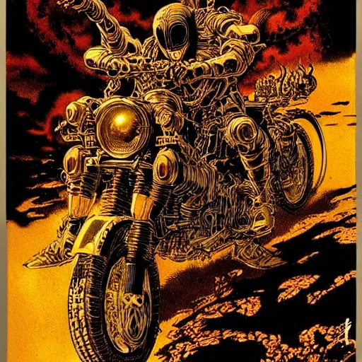Image similar to infernal motorbiker, atmospheric lighting, painted, intricate, golden hour, ultra detailed by philippe druillet