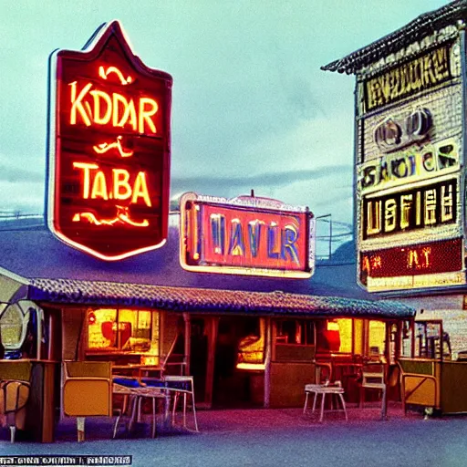 Prompt: kodachrome color photograph of a medieval tavern that is also a 1 9 5 0 s drive - in diner with neon signs, fantasy, medieval, americana, european architecture