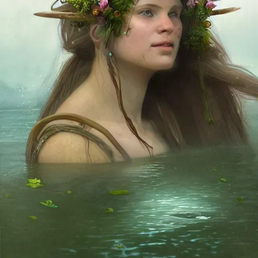 Image similar to epic portrait a female viking swimming in a steamy green lake full of flowers, beauty, pretty face, glossy skin, digital painting, artstation, concept art, soft light, hdri, smooth, sharp focus, illustration, fantasy, intricate, elegant, highly detailed, D&D, matte painting, in the style of Greg Rutkowski and Alphonse Mucha and artemisia, 8k, highly detailed, jurgens, rutkowski, bouguereau, pastoral, rustic, georgic