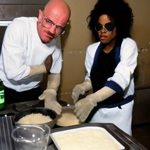 Prompt: Michael Jackson and Walter white cooking in the lab