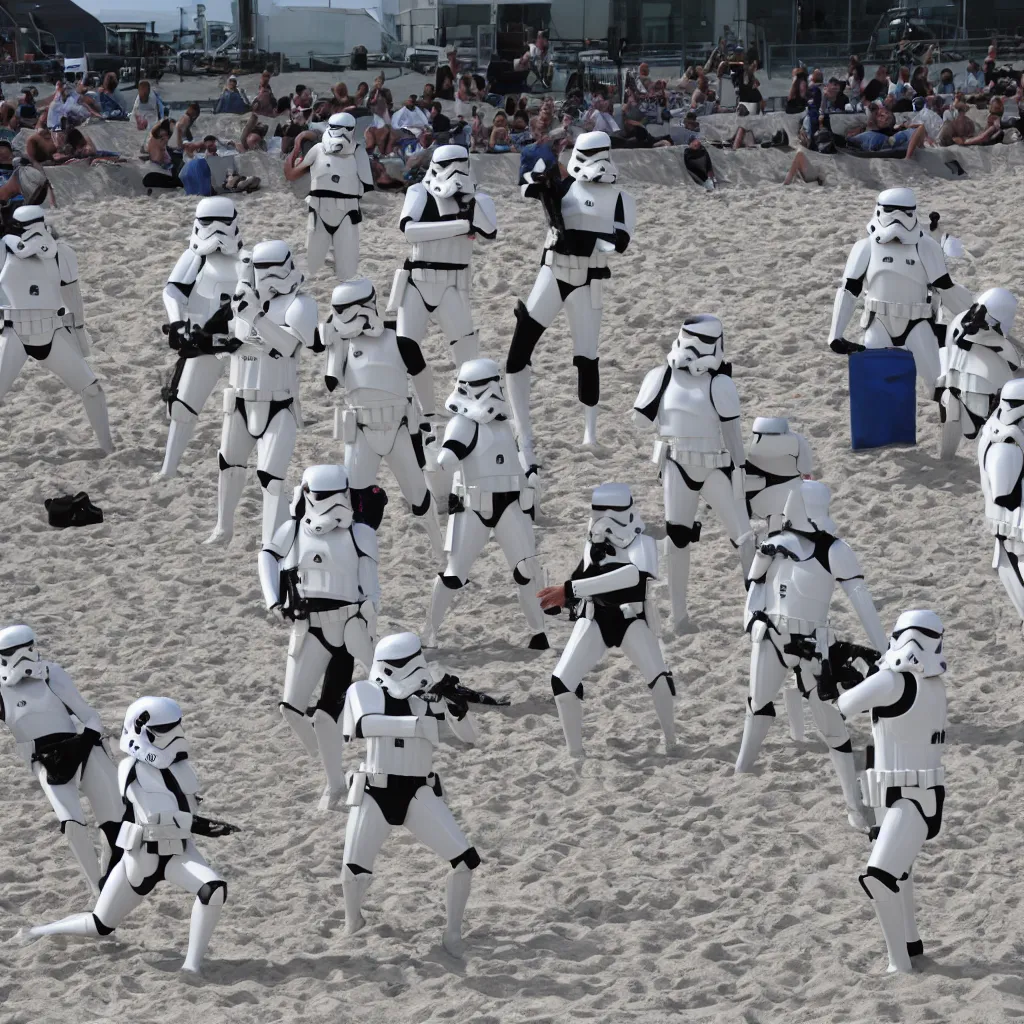 Image similar to a group of imperial stormtroopers playing beach volleyball