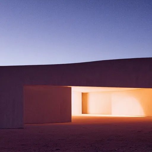 Prompt: concrete structure in the desert at night, neon lights, minimalist architecture, james turrel,