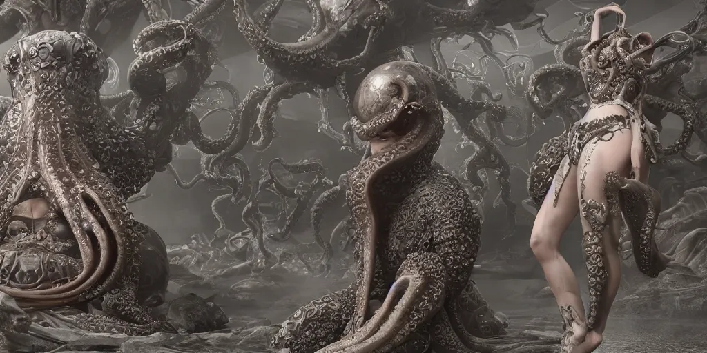 Image similar to hyperrealism, art nouveau, detailed textures, photorealistic 3 d art nouveau octopus japanese pearl queen superheroes in a apocalyptic galaxy, japanese old style print, ultra realistic, cinematic, intricate, cinematic light, unreal engine 8 k, octane render, unreal engine, 8 k, octane render, unreal engine