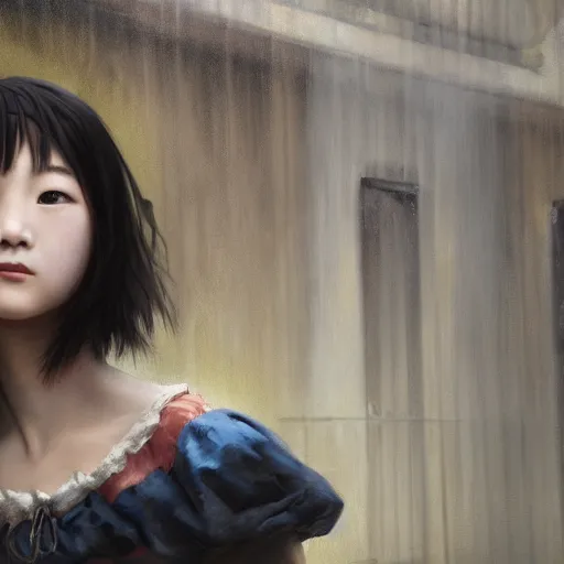 Image similar to a perfect, realistic professional oil painting in Italian renaissance style, of a Japanese schoolgirl posing in a dystopian alleyway, close-up, by a professional American senior artist on ArtStation, a high-quality hollywood-style concept