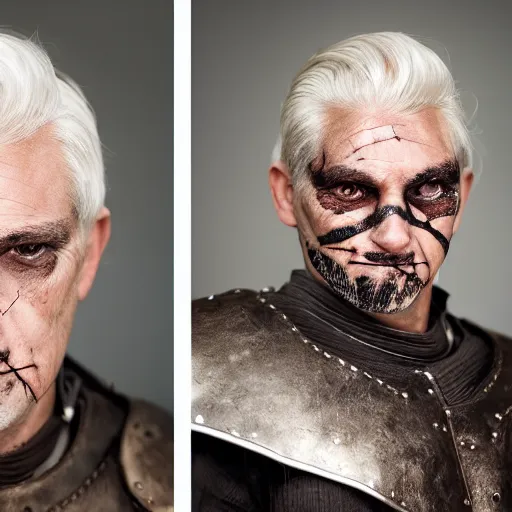 Prompt: Portrait Photography of a middle-aged man with milk white hair, ponytail, with two face scars, medieval cotton clothes with leather full body armor