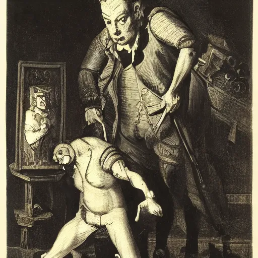 Prompt: subtle, sinister cobalt by william hogarth, by james mcintosh patrick. a mixed mediart of a large, black - clad figure of the king looming over a small, defenseless figure huddled at his feet. the king's face is hidden in shadow. menacing stance, large, sharp claws, dangerous & powerful creature.