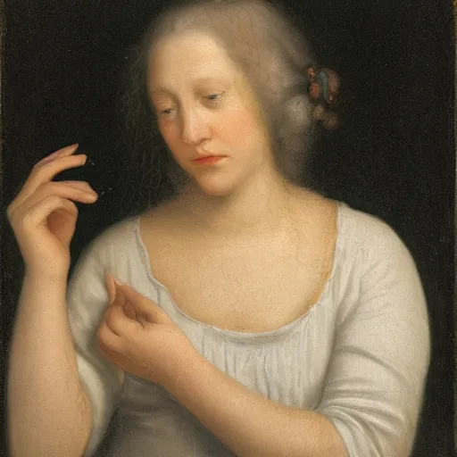 Image similar to Portrait of a woman staring blankly at the viewer while tears stream down her cheeks and she holds a mirror in her hand.