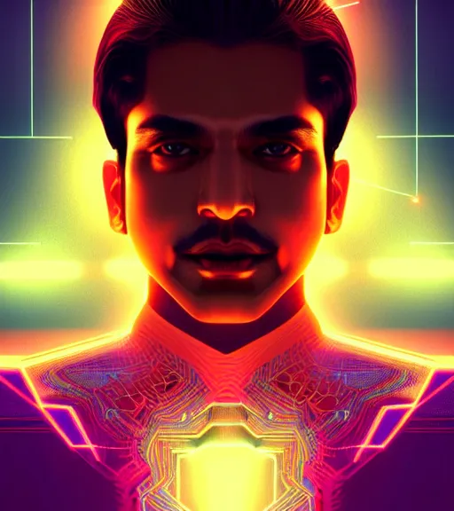 Image similar to symmetry!! indian prince of technology, solid cube of light, hard edges, product render retro - futuristic poster scifi, lasers and neon circuits, brown skin handsome indian prince, intricate, elegant, highly detailed, digital painting, artstation, concept art, smooth, sharp focus, illustration, dreamlike, art by artgerm