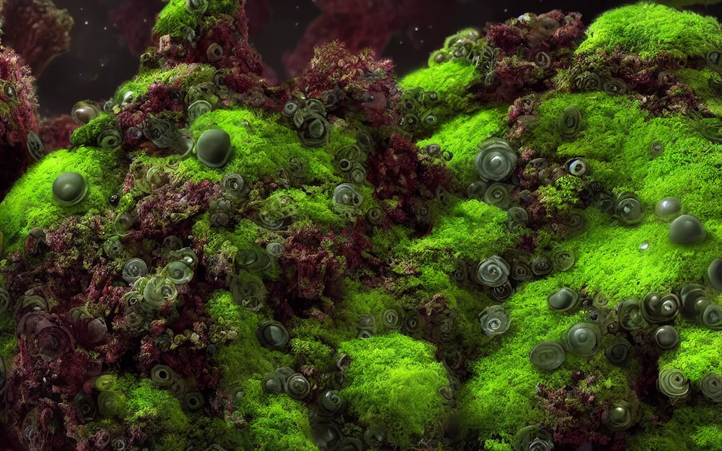 Image similar to a beautiful macro photography of green moss lichens anemones with alien fungus, hyper detailed, warm volumetric lights , made by Gerald Brom and Mike Winkelmann, 8K HD trending on art station