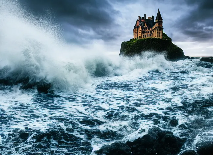 Image similar to raging ocean waves wash over a lonely gothic castle on a cliff in the background, 8 k, epic composition, oil painting, cinematic light, cloudy sky