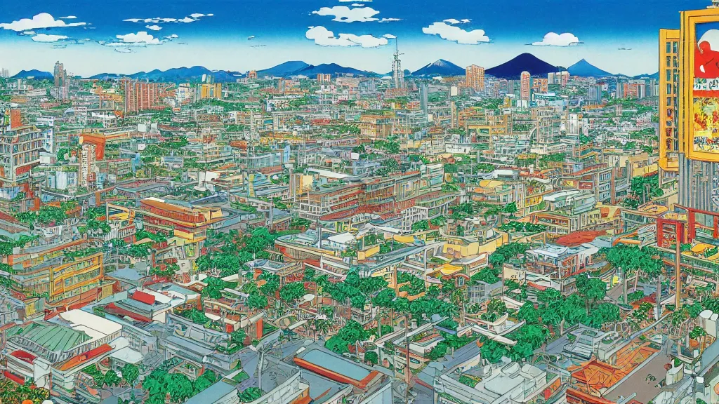 Prompt: Jollibee City, cityscape, wide shot, illustration, HD, by Moebius, Renoir, Hokusai
