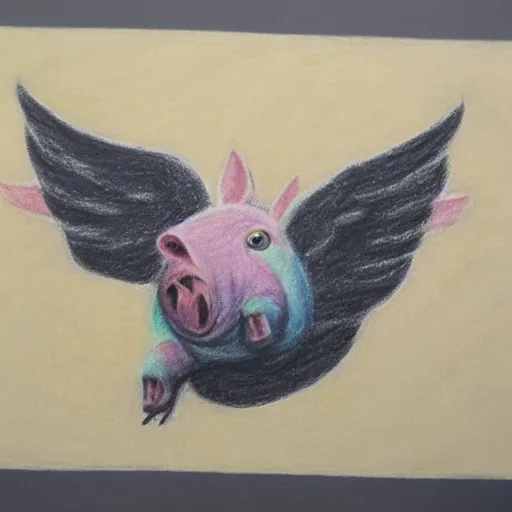 Image similar to chalk pastel drawing of of a flying pig with wings