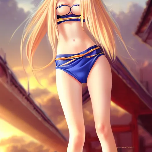 Image similar to a very beautiful young anime giantess, from below perspective,, full body, long wavy blond hair, sky blue eyes, full round face, evil grin, bikini, miniskirt, front view, mid - shot, highly detailed, cinematic wallpaper by stanley artgerm lau
