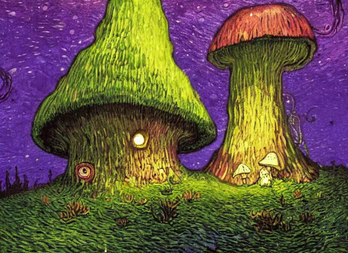 Prompt: detailed painting of a mysterious fungal house made of a giant mushroom, mystical dark landscape at night, dark purple sky, bioluminescent life, in the style of moebius and studio ghibli and vincent van gogh and claude monet