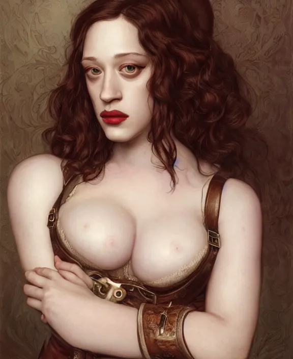 Image similar to a detailed hyperrealistic renaissance demon kat dennings wearing an a intricate beautiful thick leather garters set, honey birdette, realistic renaissance portrait, highly detailed, digital painting, artstation, concept art, smooth, sharp focus, cinematic lighting, art by artgerm and wlop and jules joseph lefebvre and john maler collier, ilya kuvshinov