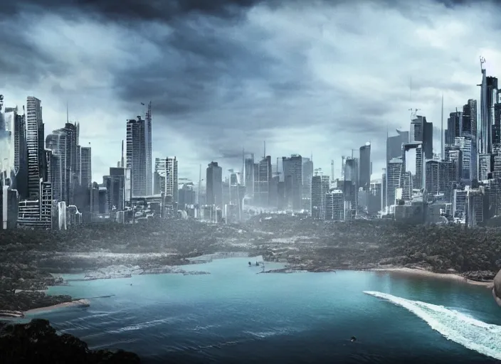 Prompt: dystopian australia, cinematic matte painting