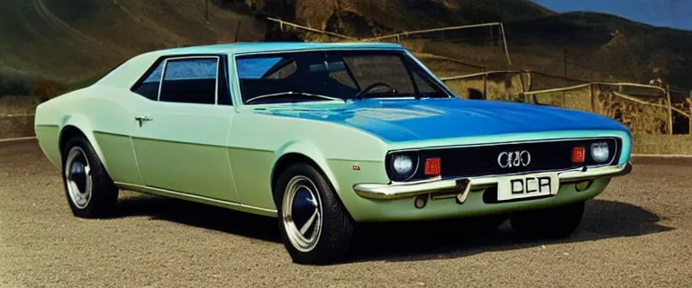 Image similar to denim blue audi camaro b 1 ( 1 9 6 7 ), establishing shot