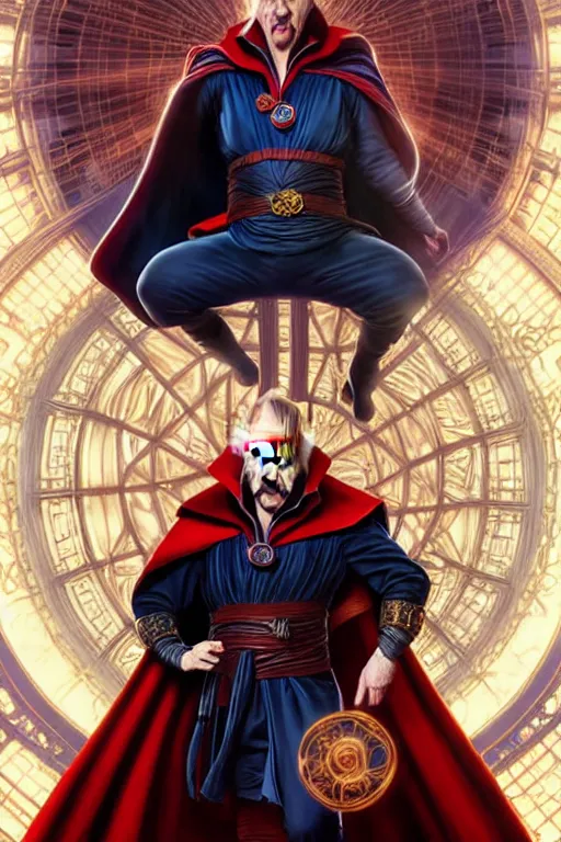 Image similar to Boris Johnson as Doctor Strange, portrait, Sanctum Sanctorum, highly detailed, digital painting, artstation, concept art, smooth, sharp focus, illustration, cinematic lighting, art by artgerm and greg rutkowski and alphonse mucha