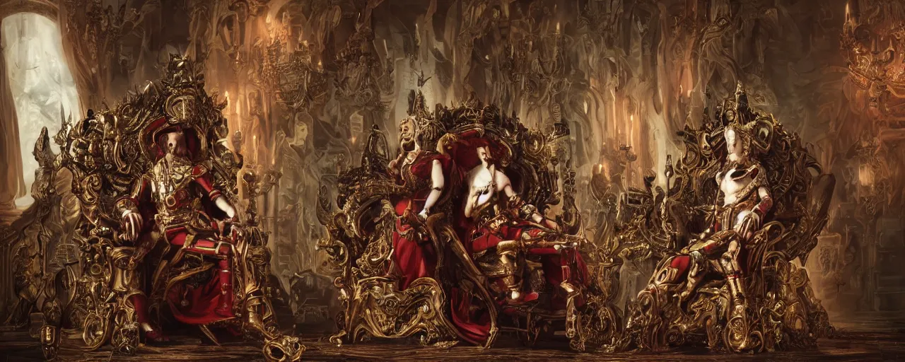 Image similar to epic, wideangle, low angle, digital painting, of a 1 7 th century, decadent, cyborg king holding court in his throne room, dark hair, piercings, amber jewels, baroque, ornate dark red opulent clothing, scifi, futuristic, realistic, hyperdetailed, concept art, art by bilal, masterpiece