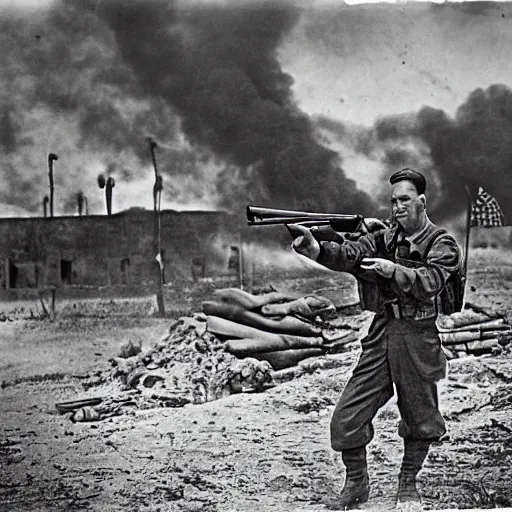 Image similar to Barney the dinosaur holding a rifle during world war 2, realistic, 35mm photograph