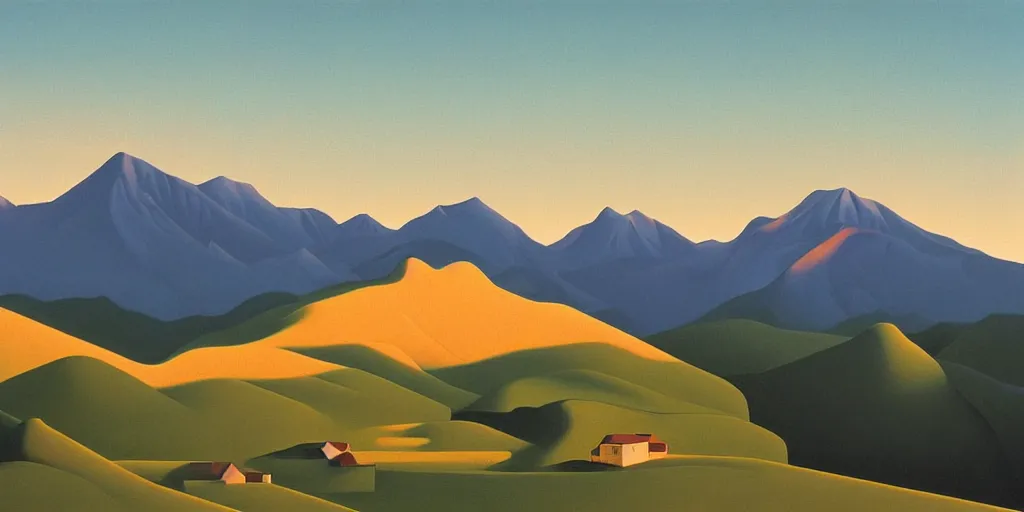 Prompt: the mountain in the distance, summer evening, kenton nelson