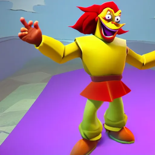 Prompt: image of ronald mcdonald as an enemy in spyro the dragon video game, with low poly playstation 1 graphics, upscaled to high resolution