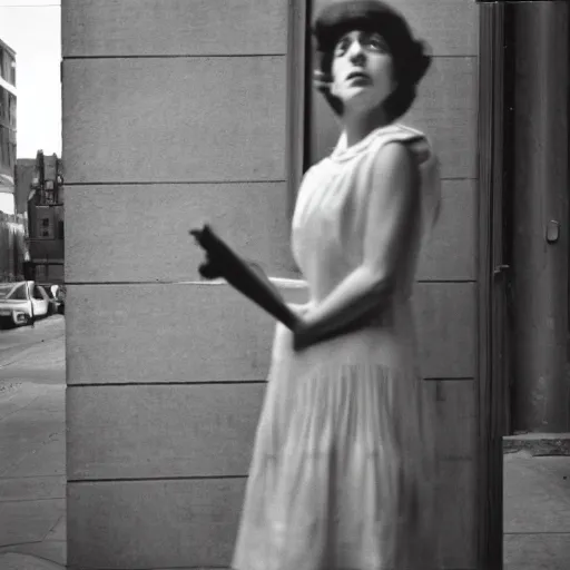 Image similar to photo of a woman in a dress by vivian maier. professional photography.