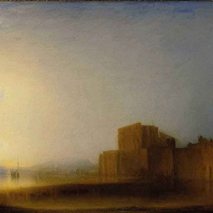 Image similar to a building in a serene landscape, by j. m. w. turner