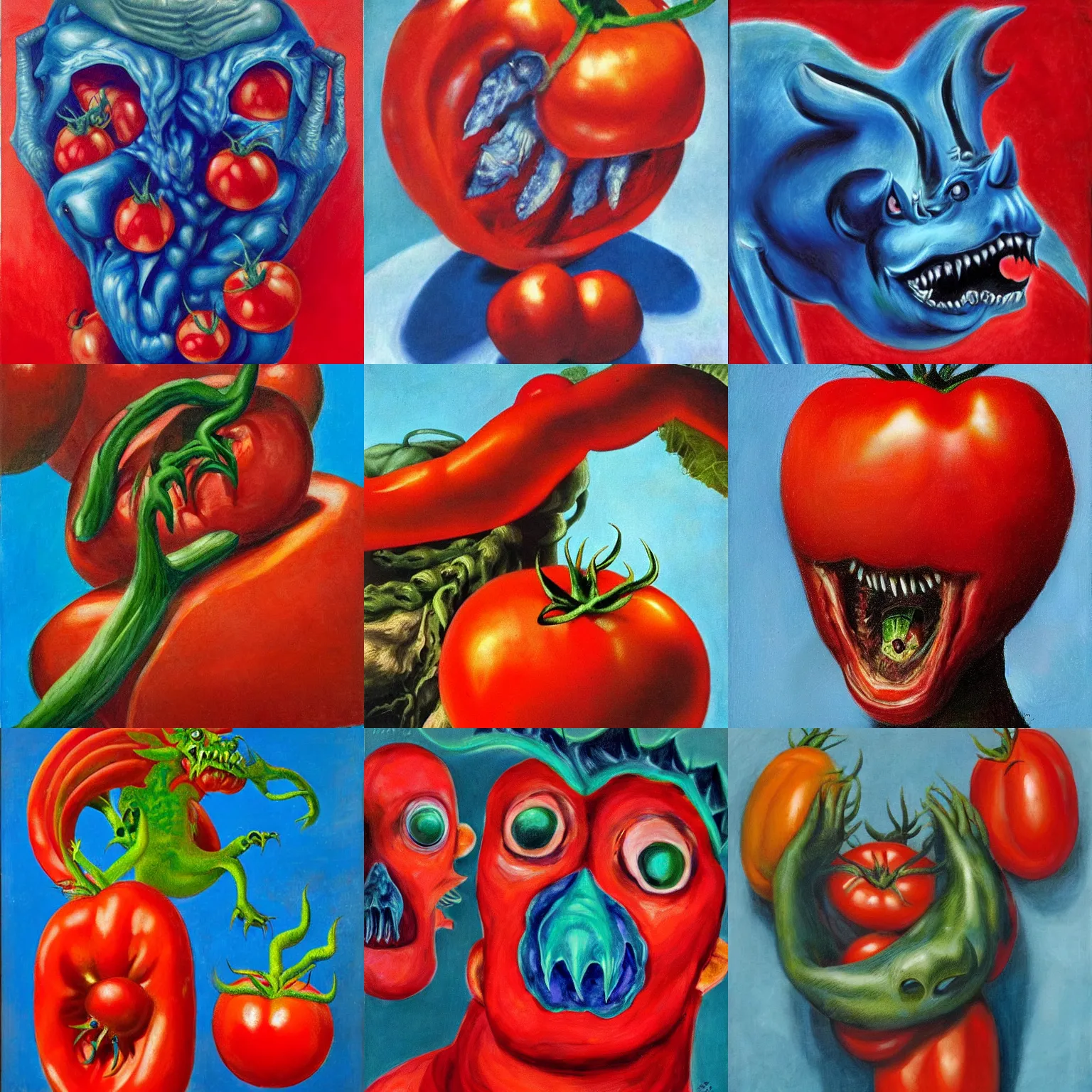 Prompt: feral tomato - beast monster, american realist portrait ( 1 9 4 2 ), pyrrol scarlet and cerulean blue