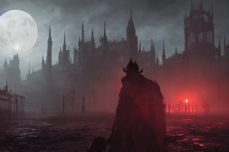 Image similar to an ultra matte painting of a big daddy in the style of bloodborne, concept art by art by john collier and albert aublet and krenz cushart, scary shadows, blood moon eclipse, octane render, liminal space