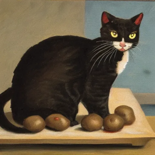 Image similar to the cat who ate potatoes, masterpiece painting by emilee duvont - jameson, who is honestly not very good